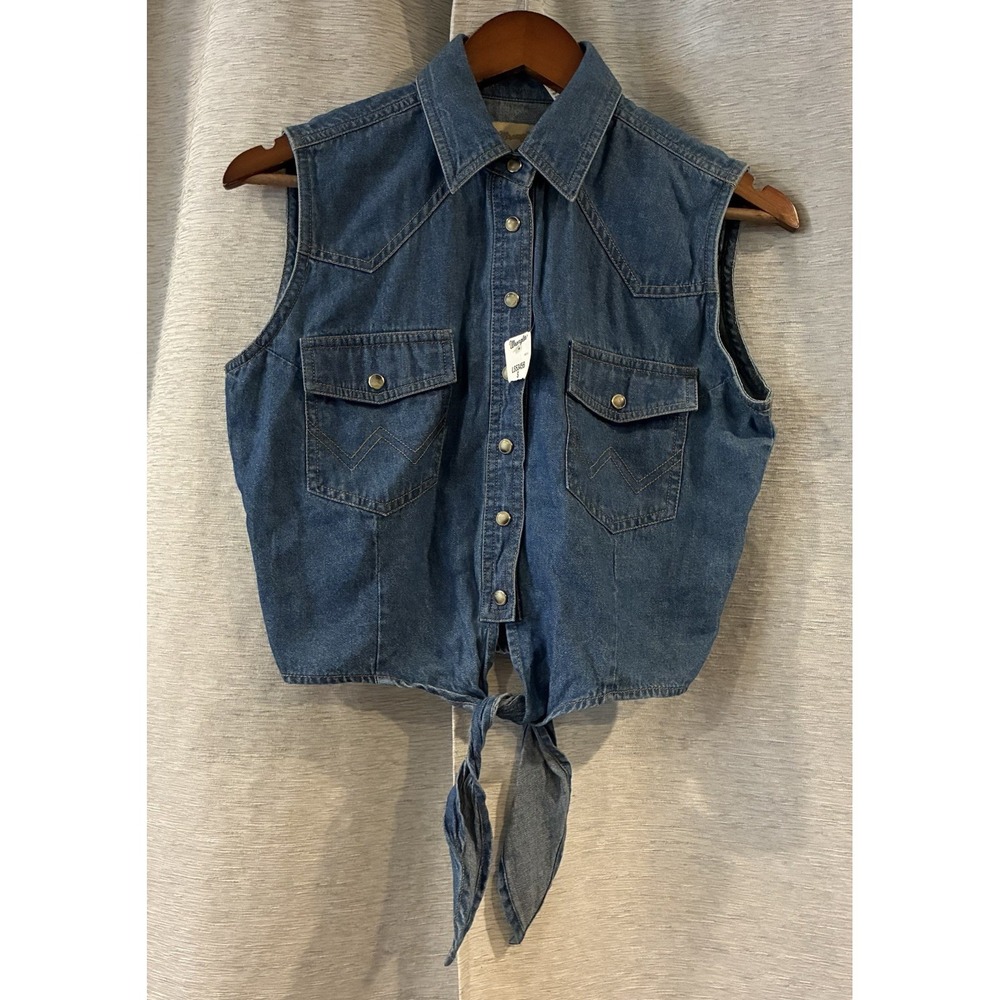 Vintage Wrangler Western Denim Sleeveless Cropped Button-Up Top Blue Womens S